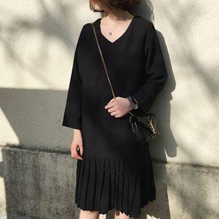 Long-sleeve Pleated Chiffon Shift Dress