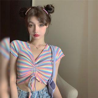 Striped Short-sleeve Drawstring Cropped Top As Shown In Figure - One Size
