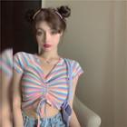 Striped Short-sleeve Drawstring Cropped Top As Shown In Figure - One Size
