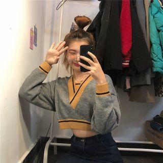 Contrast Color Cropped Sweater Gray - One Size
