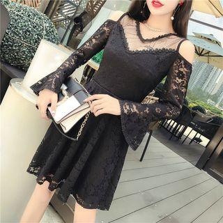 Long-sleeve Cold Shoulder A-line Lace Dress