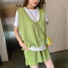 Set Of 3:short-sleeve Plain T-shirt & Sleeveless Plain V-neck Waistcoat & Plain Loose-fit Shorts Green - One Size