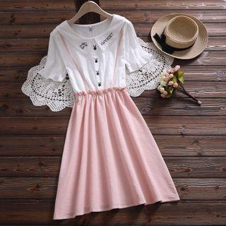 Short-sleeve Rabbit Embroidered Mock Two-piece Midi Dress