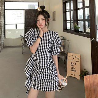 Puff-sleeve Ruffled Gingham Mini Sheath Dress Black & White - One Size