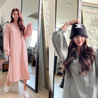 V-neck Slit-side Long Sweatshirt Dress