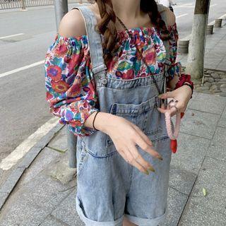 Elbow-sleeve Off-shoulder Floral Print Blouse Orange & Yellow Flowers - White & Green - One Size