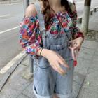 Elbow-sleeve Off-shoulder Floral Print Blouse Orange & Yellow Flowers - White & Green - One Size