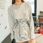 Set: Round-neck Slit-hem Top + Tie-waist Mini Skirt