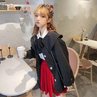 Tie-neck Shirt / Pleated Mini Skirt / Trench Jacket