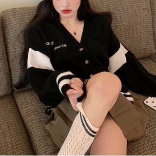 Letter Embroidered Striped Cardigan Black - One Size
