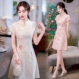 Short-sleeve Embroidered Mini A-line Qipao Dress