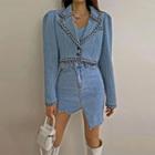 Notch-lapel Piped Tweed Crop Jacket