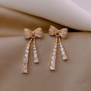 Bow Rhinestone Fringed Earring 1 Pair - Silver Needle - Earring - Gold - One Size
