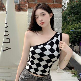 One-shoulder Checker Print Knit Top