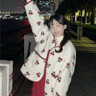 Cherry Jacquard Cardigan / Frill Trim Midi A-line Overall Dress / Mock-neck Top