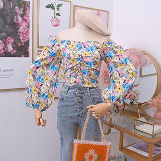 Boatneck Ruched Floral Crop Top