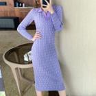 Long-sleeve Open-collar Knit Midi Sheath Dress