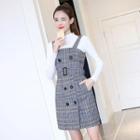 Set: Mock Neck Top + Double Breasted Plaid Pinafore Dress