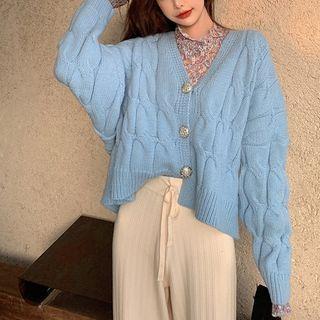 Long-sleeve Floral Lace Top / Plain Cardigan