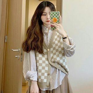 Checkerboard Cardigan / Striped Shirt