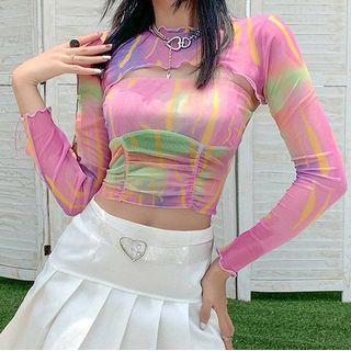 Set: Tie Dye Cropped Camisole Top + Long-sleeve Crop Top