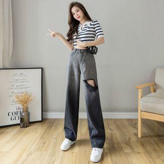 Cut Out Washed Wide Leg Jeans