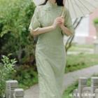 Elbow-sleeve Slit Midi Qipao Dress