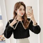 Long-sleeve Collared Lace Trim Blouse