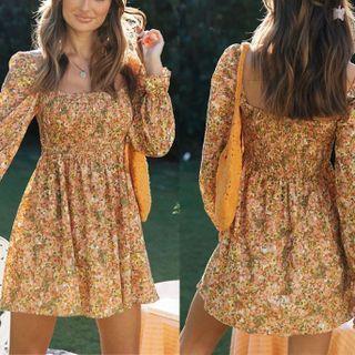 Long Sleeve Floral Print Square-neck Mini Dress