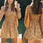 Long Sleeve Floral Print Square-neck Mini Dress
