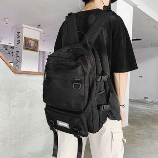 Multi-section Plain Zip Backpack With Pompom Charm - Black - One Size