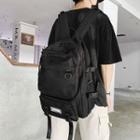 Multi-section Plain Zip Backpack With Pompom Charm - Black - One Size