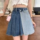 High-waist Asymmetrical Pleated Denim Mini A-line Skirt