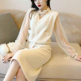 Long-sleeve Lace Top / Button Vest / H-line Skirt / Set