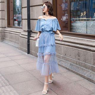 Elbow-sleeve Overlay Midi Denim Dress
