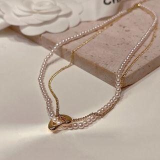 Pendant Layered Faux Pearl Alloy Necklace Gold - One Size