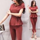 Set: Short-sleeve Top + Slit-hem Boot-cut Pants