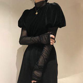 Turtleneck Long-sleeve Mesh Top / Puff-sleeve Top