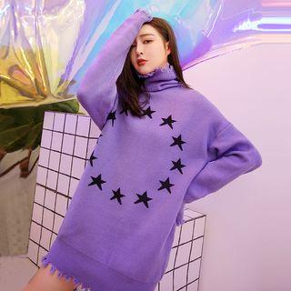 Star Pattern Turtleneck Ripped Sweater Purple - One Size