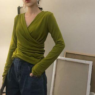 Wrap-front V-neck Long-sleeve Knit Top