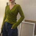Wrap-front V-neck Long-sleeve Knit Top