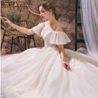 Short-sleeve Cold-shoulder Embroidered Wedding Ball Gown