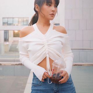 Off-shoulder Drawstring Crop Knit Top White - One Size