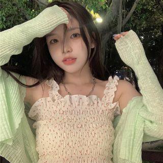 Floral Ruched Camisole Top / Plain Cardigan