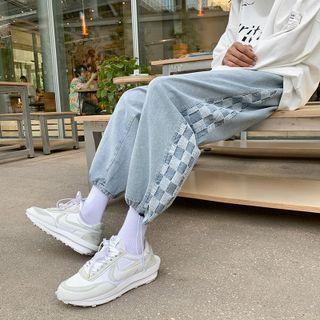 Plaid Drawstring-cuff Wide-leg Jeans