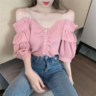 Short-sleeve Cold Shoulder Frill Trim Top