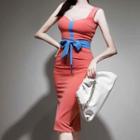 Sleeveless Color Panel Midi Sheath Dress