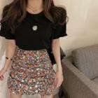 Embroidered Short-sleeve T-shirt / Floral High-waist Skirt
