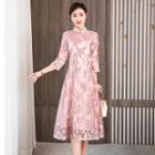 3/4-sleeve Floral Embroidered Midi A-line Qipao Dress