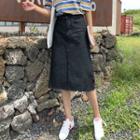 Frayed Straight-fit Midi Denim Skirt